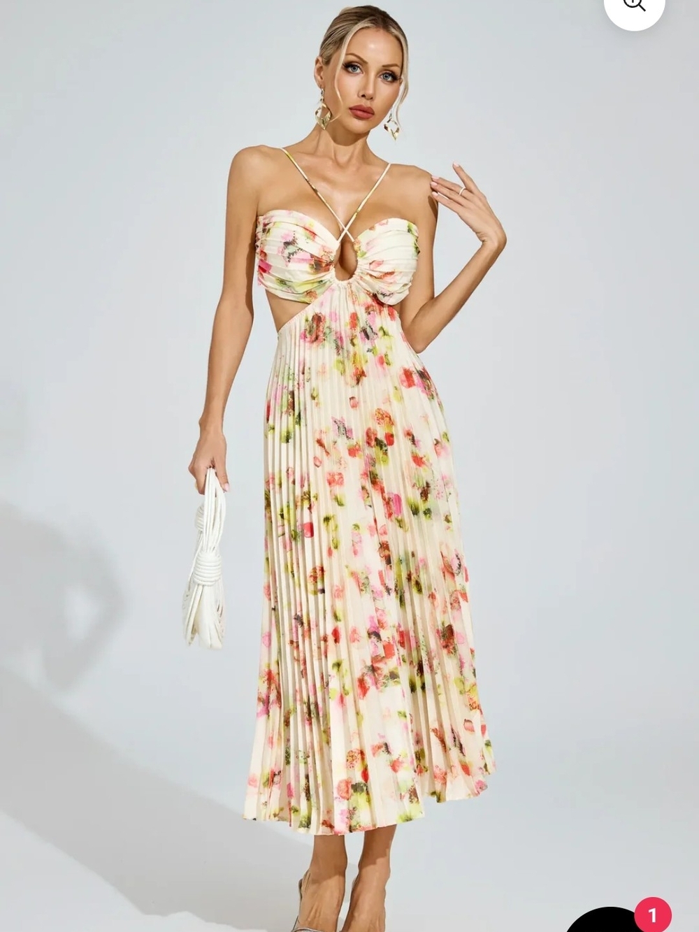 Floral Cutout Pleated Midi Dress in Cream and Pink (Tags On)